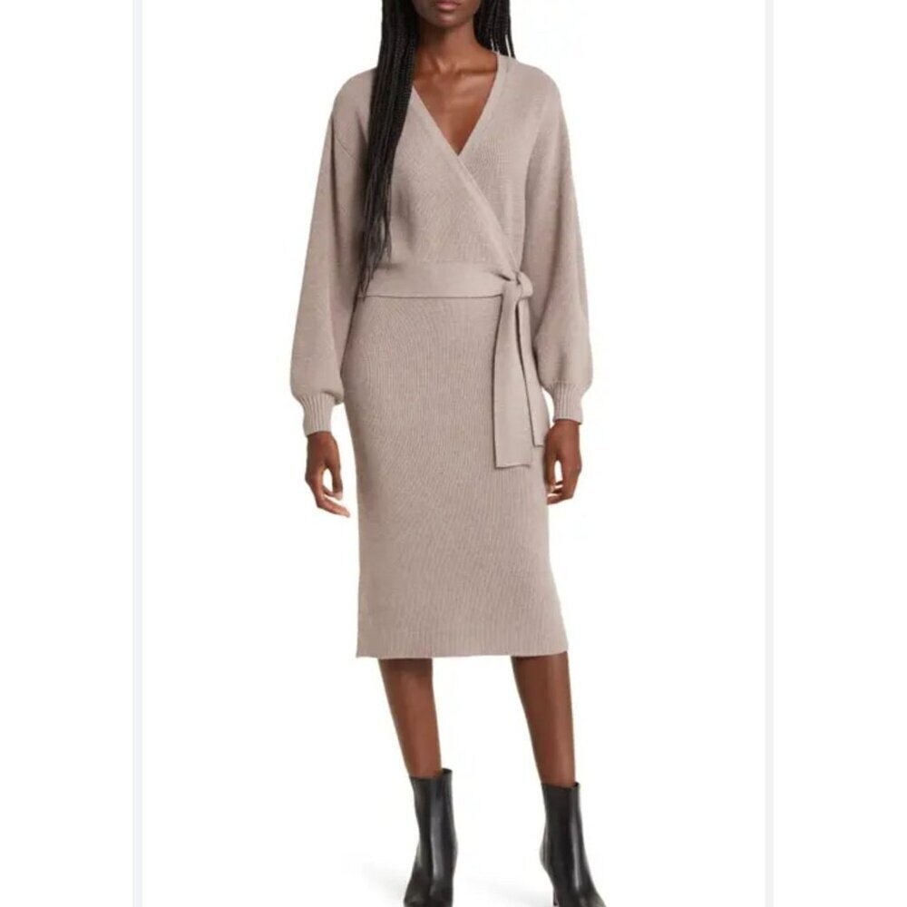 Charles Henry Tan Wrap Midi Dress